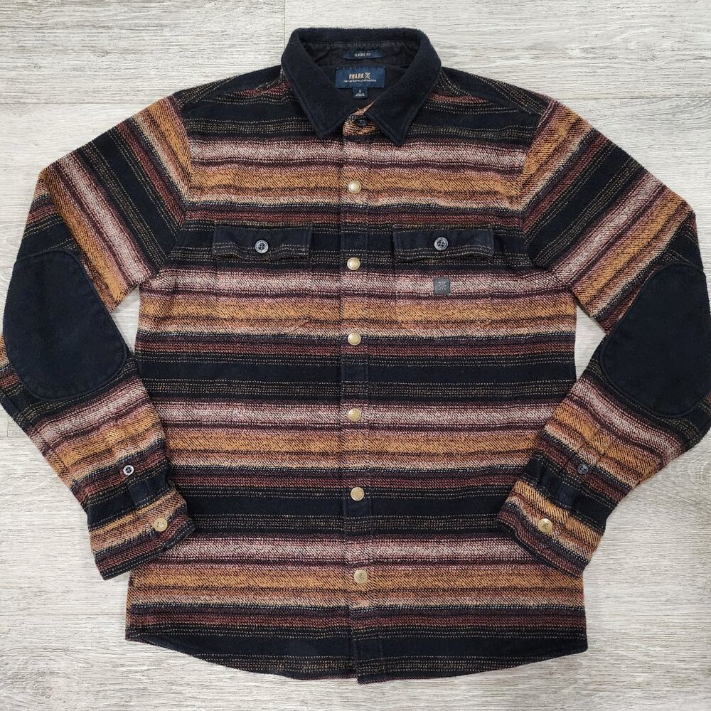 Roark Flannel Shirt Classic Fit Stripes Organic Cotton Snap Elbow Patches Men S